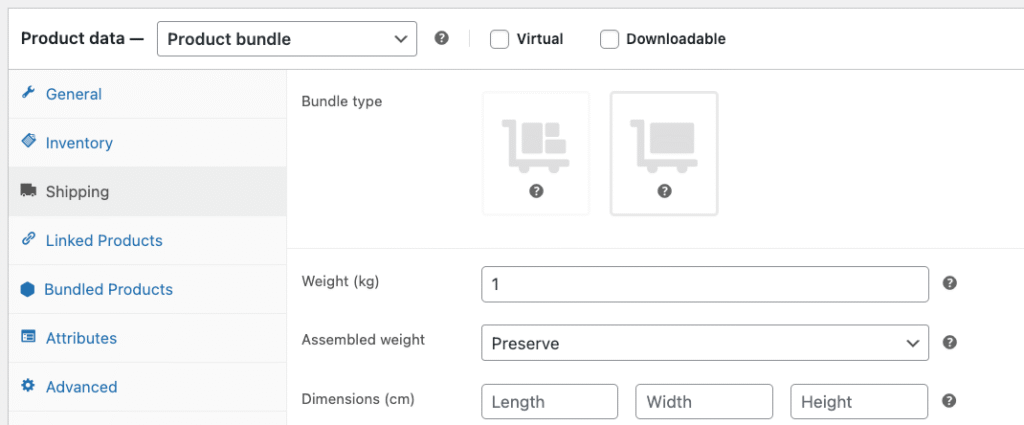 WooCommerce bundle product settings